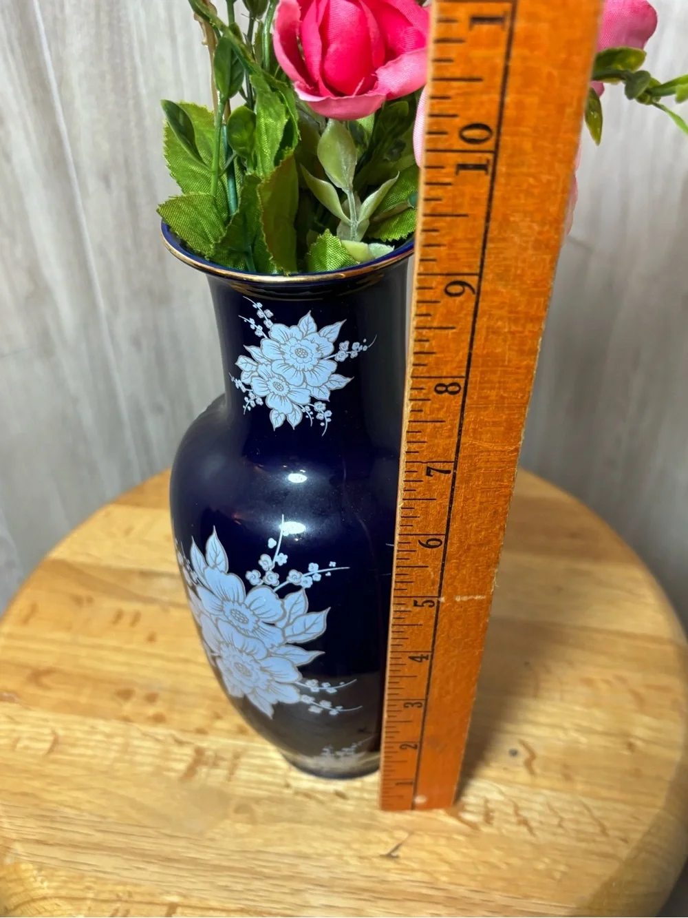 Cobalt Blue Porcelain Vase with Light Blue Floral Enamel and Gold Rim Detail